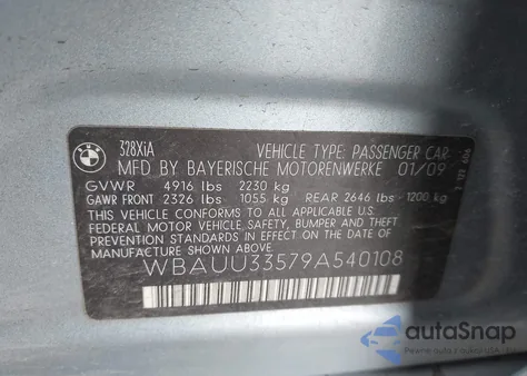 2009 BMW 328I xDrive z USA, uszkodzony, nr VIN WBAUU33579A540108